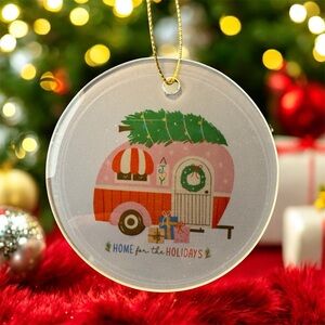 Camper Home For The Holidays Pink Red Clear Frosted Glass Christmas Ornament